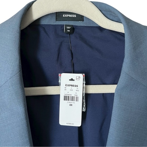Express Mens Size 40 Regular Slim Fit Dusty Blue 4 Way Stretch Blazer NWT - Picture 3 of 9